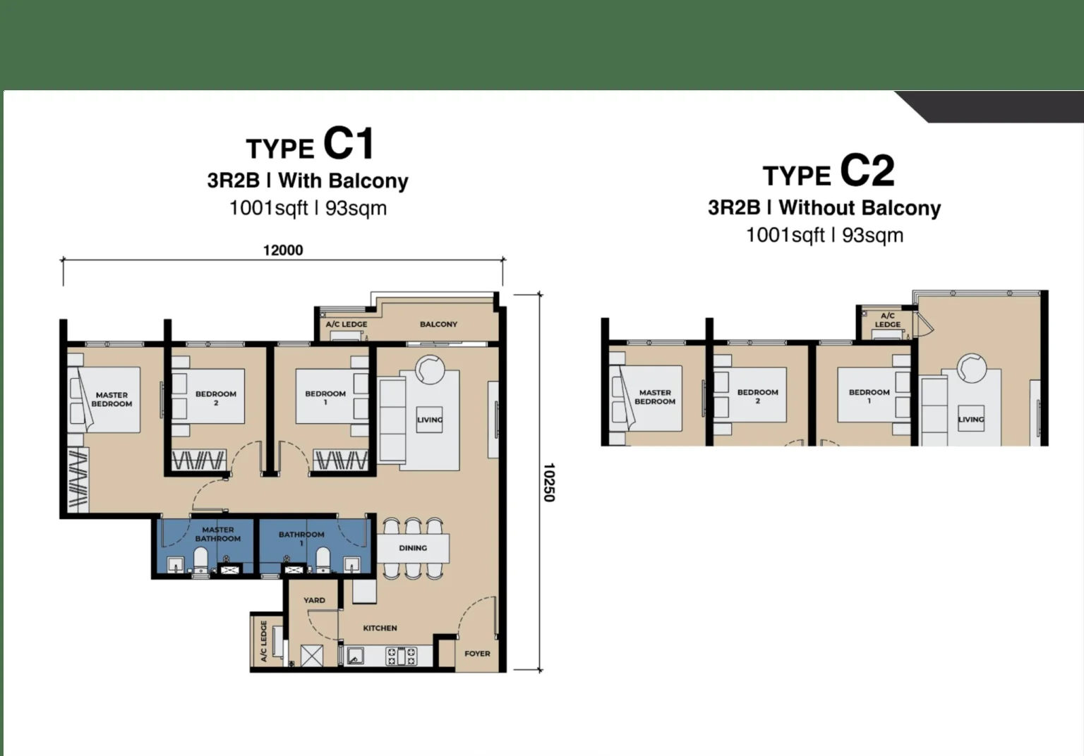 The Lighthauz Type C1 floor plan, 3 bedroom 1001 sqft